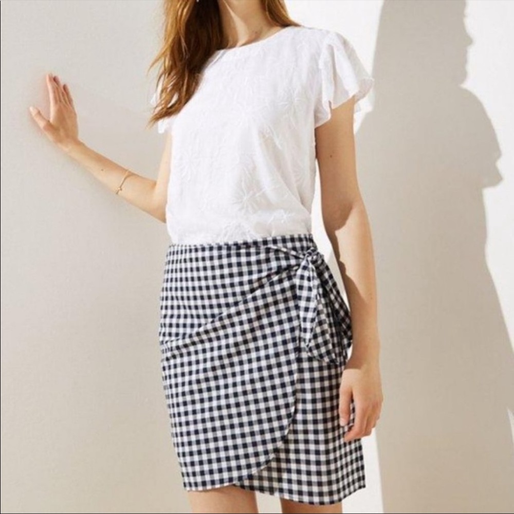 Navy and white gingham wrap skirt from LOFT